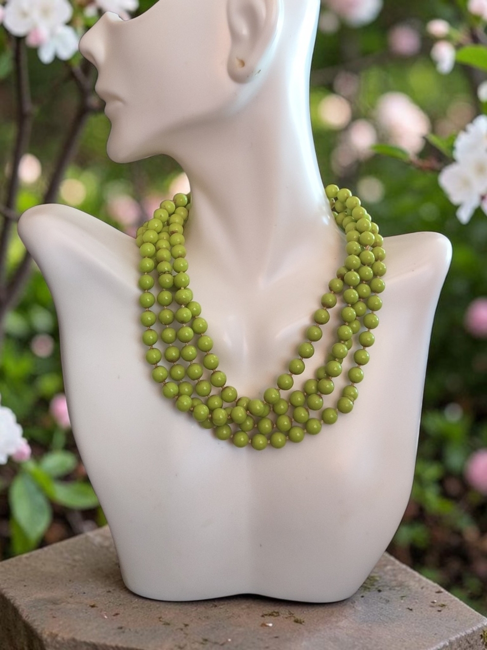 Vtg 1960s Green Multi-Strand Beaded Necklace